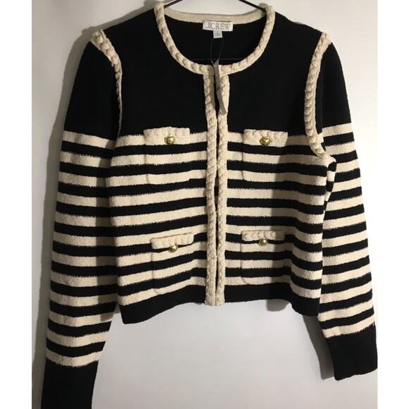 J.CREW Jackets & Blazers - J.Crew Odette Striped Boucle Ivory Black Cotton Sweater Lady Jacket Size M NWT